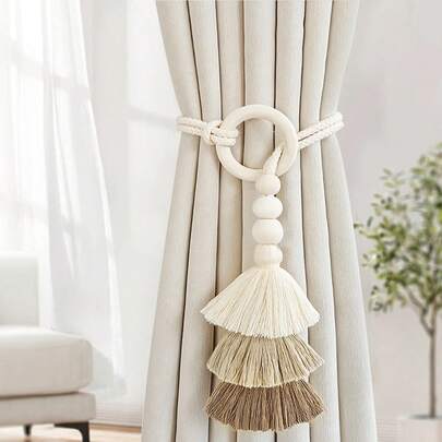 1 件/2 件波西米亚风格手工编织流苏装饰系绳，窗帘装饰，奶油色透明