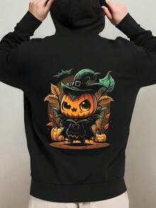 1-Pack Men's Halloween Hooded Sweatshirt - Spooky Jack-O'-Lantern & Witch Hat Graphic Pullover, Lightweight Warm Hoodie With Glowing Eyes & Bats Design, Casual Fall Winter Outdoor & Home Wear, ,Fall Hoodies,Men's Fall Clothes,Street Wear,Halloween,Mens Hoodies,Y2k Clothes,Jesus Hoodie,Thanksgiving Day,Nightmare Before Christmas,Christmas - Black - View 1