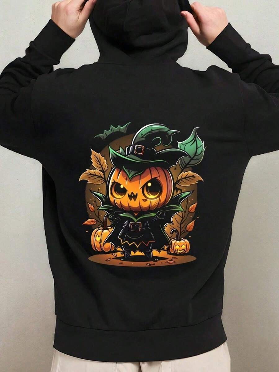 1-Pack Men's Halloween Hooded Sweatshirt - Spooky Jack-O'-Lantern & Witch Hat Graphic Pullover, Lightweight Warm Hoodie With Glowing Eyes & Bats Design, Casual Fall Winter Outdoor & Home Wear, ,Fall Hoodies,Men's Fall Clothes,Street Wear,Halloween,Mens Hoodies,Y2k Clothes,Jesus Hoodie,Thanksgiving Day,Nightmare Before Christmas,Christmas - Black - View 1