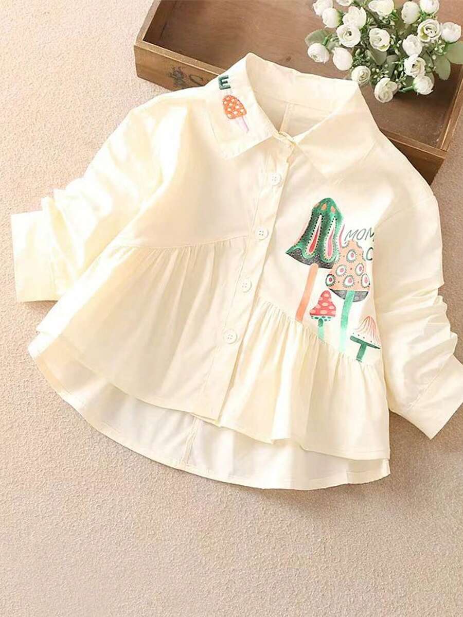 Girls' Fashionable Cute Mushroom Print Blouse/Shirt, Suitable For Autumn - Beige - View 1