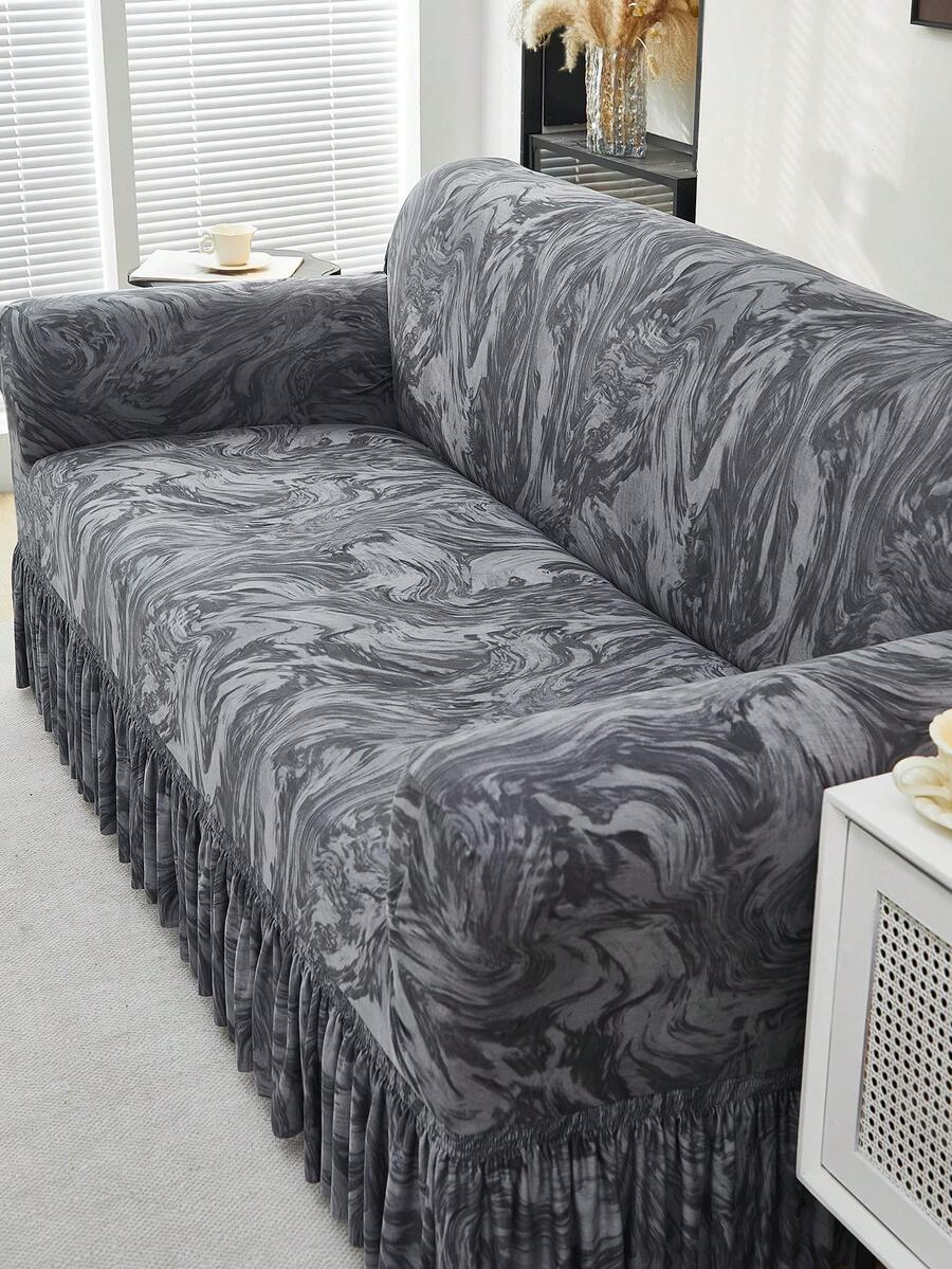 1pc Ruffled Stretch Sofa Cover, Soft & Comfortable, Fashionable Printed Stretch Furniture Protector, Available In Multiple Sizes, Dark Gray - Dark Grey - View 1