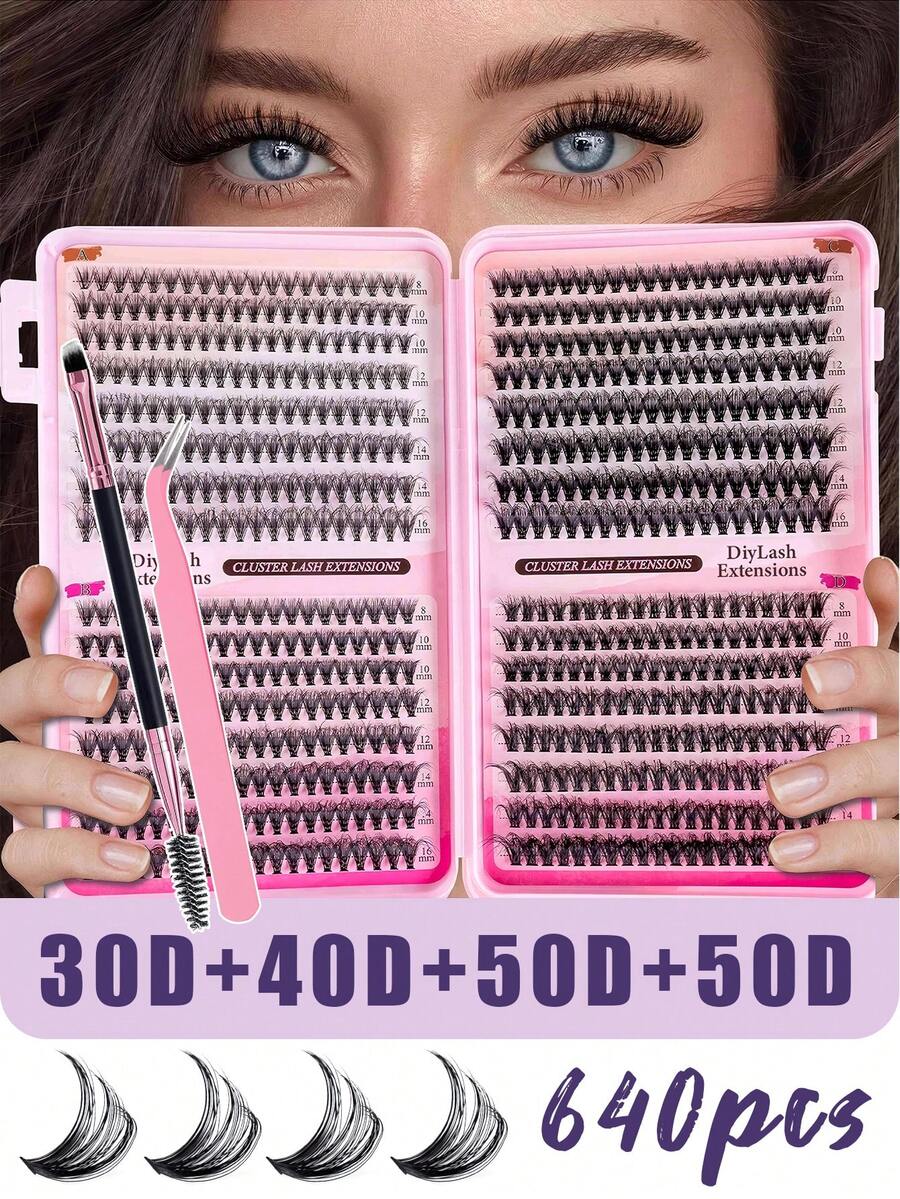 MEM 640/580/480片装假睫毛，30D+40D+50D+60D D型卷翘睫毛，长度10-16毫米，DIY假睫毛，自然妆效，蓬松纤长，超柔软轻盈，可重复使用单根睫毛，睫毛嫁接套装，适合旅行、日常佩戴（新手友好）、婚礼、约会、派对、节日，也是圣诞节/万圣节/送礼佳品。