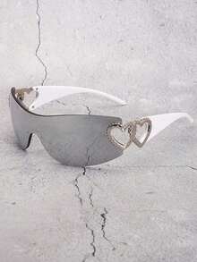 1pc Frameless Metal Heart Decor Y2K Style Fashion Glasses Women, Suitable Beach Party,, Vacation Shades Heart Street Y2k Style Oversized Wrap Frame Music Festival Preppy Style Back To School - White Feet白色汞片 - 查看 1