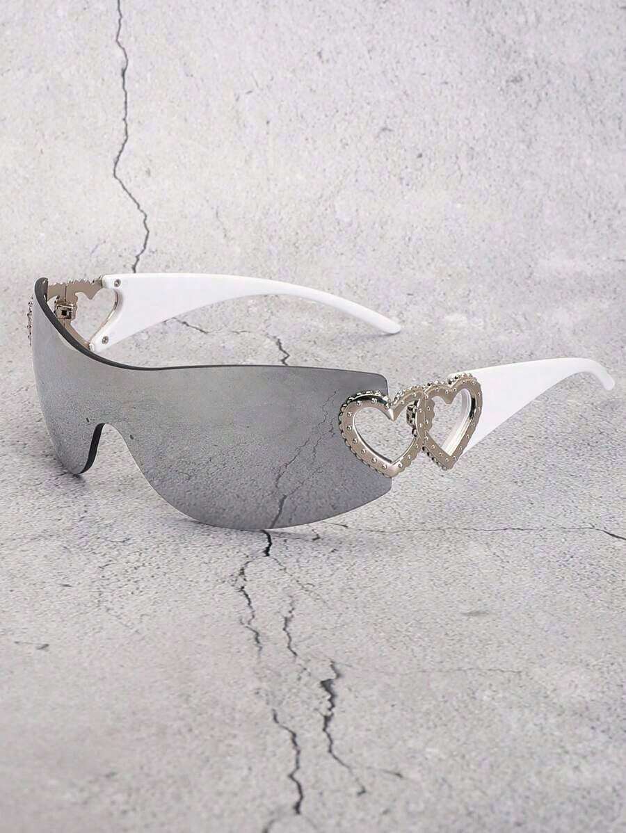 1pc Frameless Metal Heart Decor Y2K Style Fashion Glasses Women, Suitable Beach Party,, Vacation Shades Heart Street Y2k Style Oversized Wrap Frame Music Festival Preppy Style Back To School - White Feet白色汞片 - 查看 1