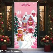 1pc Pink Christmas Door Decor Banner: Cute Gingerbread Pattern, Perfect For Indoor Holiday Atmosphere, Suitable For Parties, No Electricity Needed Party Banner