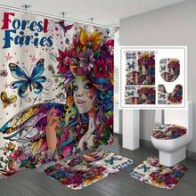 1/3/4 Stücke "Waldfeenhafte" künstlerische wasserdichte Duschvorhang-Set, Vintage Blumen- & Schmetterlingsmuster, Digitaldruck, Polyestermaterial, wasserdichter Duschvorhang, ohne Bohren erforderlich, Badezimmer-Raumteiler, Duschvorhang-Set beinhaltet U-förmige Matte, rutschfeste Badezimmermatte, Toilettenmatte und Badezimmer-Accessoires, geeignet für Heimdekoration, Feiertage, tägliche Dekoration, Weihnachtsdekoration, Badezimmerdekoration, Duschdekor, ein ideales Geschenk
