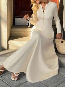 Unadoll Women's Round Neck Half Open Zipper Elegant Dress Dress, Suitable For Dates, Vacations, Music Festivals, Back To School,Christmas