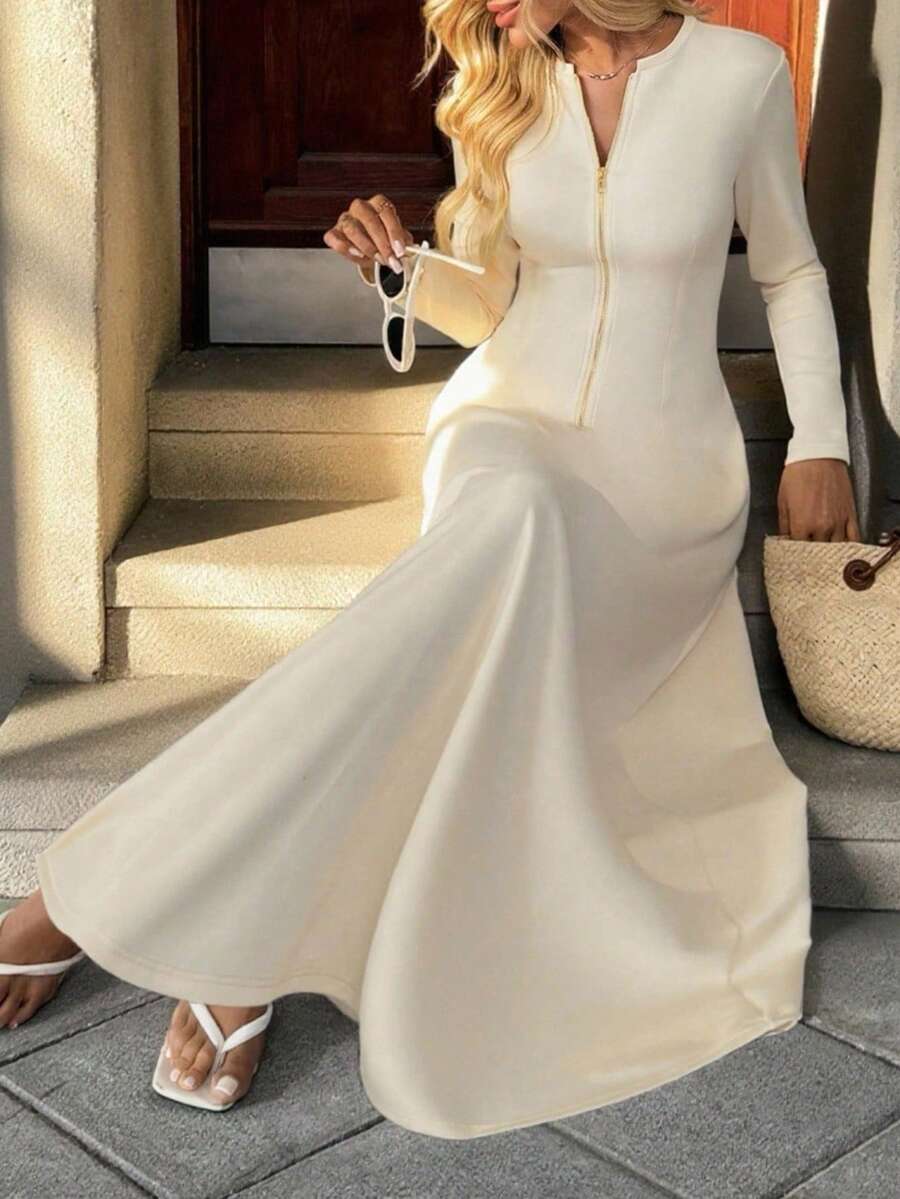 Unadoll Women's Round Neck Half Open Zipper Elegant Dress Dress, Suitable For Dates, Vacations, Music Festivals, Back To School,Christmas