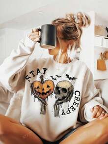 Horror Retro Dripping Heart Halloween Skeleton Hand Weird Graphics Grunge Horror Design Fashion Skullfall Clothes For Women Nightmare Before Christmas Inspired Halloween Costume Unisex Loose Oversized Sweatshirt Girl Boyfriend Style Outfit Casual Versatile Long Sleeve Jacket - 淺杏色 - 查看 1