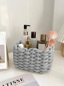 This Woven Cosmetic Storage Basket Comes In A Variety Of Colors, Made With Quality Materials And Exquisite Weaving Craftsmanship. The Large Capacity And Layered Design Make It Convenient For Categorized Storage, Suitable For Bathroom Toiletries, Bedroom Cosmetics, Travel Essentials, Beach Vacation Must-Haves, And More. It Is Easy To Clean, Moisture-Proof And Durable - Grey - View 1