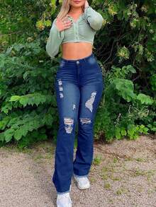 Women's Mid-Rise Flare Jeans - Stretchy Distressed Denim Jeans, Classic Washed Solid Color Retro Style, Casual Everyday Wear - Dark Wash - View 1