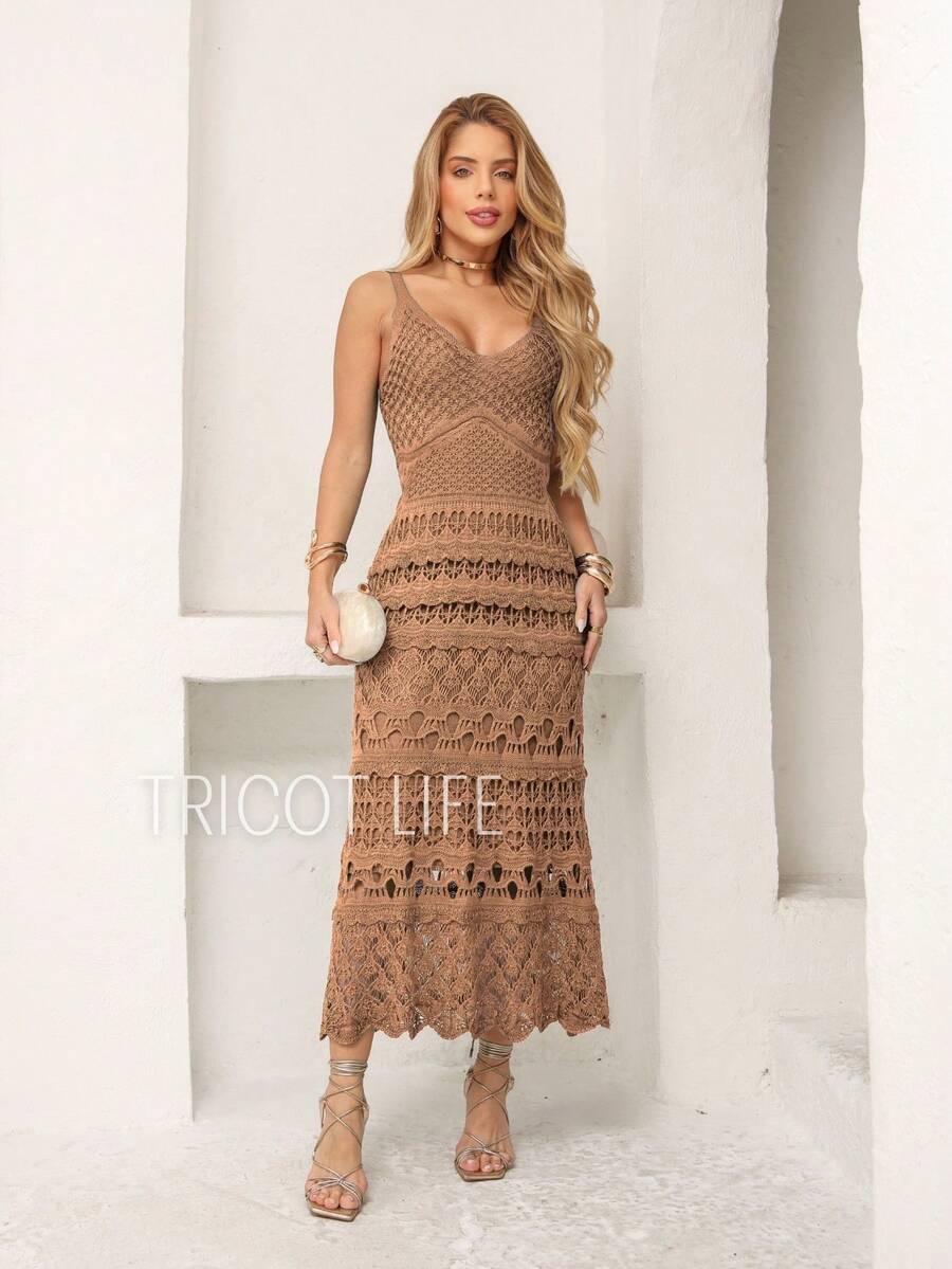 Women's Midi Dress, Lace Tricot, Party, Beach, Sophisticated, New Year's Eve, Christmas, Holidays, Beach, Wedding, Godmother - 摩卡棕 - 查看 1