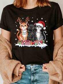 Women's Black Christmas Cats Graphic T-Shirt - Festive Orange Tabby, Gray British Shorthair & Santa Hat Cat With Presents - Soft Crew Neck Casual Top For Holiday Parties, Casual Attire - Machine Washable Christmas Gift For Ca Plus Siz - 黑色21 - 查看 1