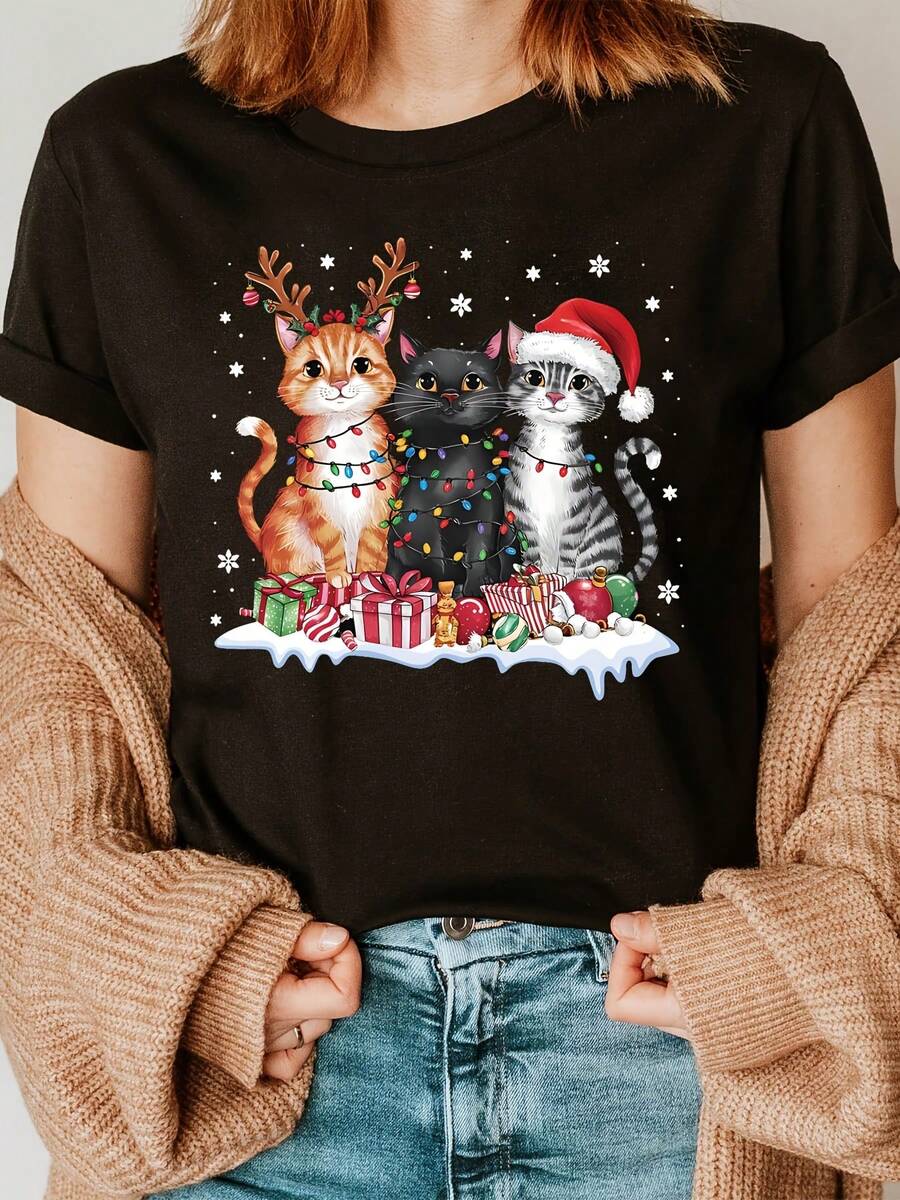 Women's Black Christmas Cats Graphic T-Shirt - Festive Orange Tabby, Gray British Shorthair & Santa Hat Cat With Presents - Soft Crew Neck Casual Top For Holiday Parties, Casual Attire - Machine Washable Christmas Gift For Ca Plus Siz - 黑色21 - 查看 1