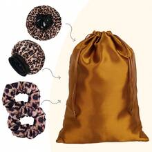5Pcs Set Large Satin Bonnets With Scrunchies For Women, Elastic Wide Brimmed Leopard Hair Bonnet Long Elastic Tie Bonnet For Sleeping Braids Curly Hair 1PC Satin Bags 2pcs 2 PCs Scrunchies Hair Care Set Night Sleeping Travel Storage Bag Pink Brown Hot Pink Gift For Women