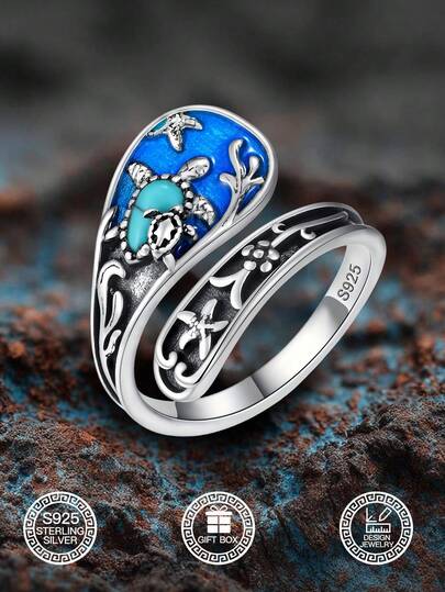 1 pieza Anillo ajustable con diseño de tortuga en forma de cuchara, hecho de plata de ley 925, con acabado de aceite goteado, estilo victoriano y vintage, hipoalergénico, adecuado para uso diario, fiestas y vacaciones, viene con una elegante caja de regalo