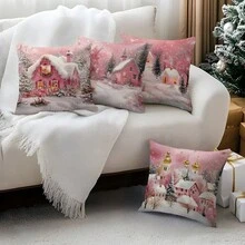 4pcs Pink Christmas Cabin Printed Cushion Cover Set, 45*45cm - Multicolor - View 5