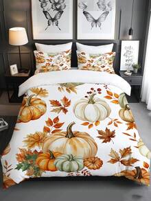 3pcs Watercolor Style Autumn Feast Print Duvet Cover Set (1*Duvet Cover + 2*Pillowcase, Without Core), Vintage Warm, Interwoven With Pumpkin And Autumn Leaves, Soothing Visual Fatigue, Suitable For All Seasons, Suitable For Hotel, Bedroom, Guest Room And Dormitory Decoration Bedding