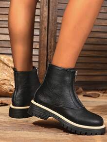 Stivali da donna con cerniera frontale e suola spessa, stivali alla caviglia neri retrò con punta tonda, stile western per le vacanze