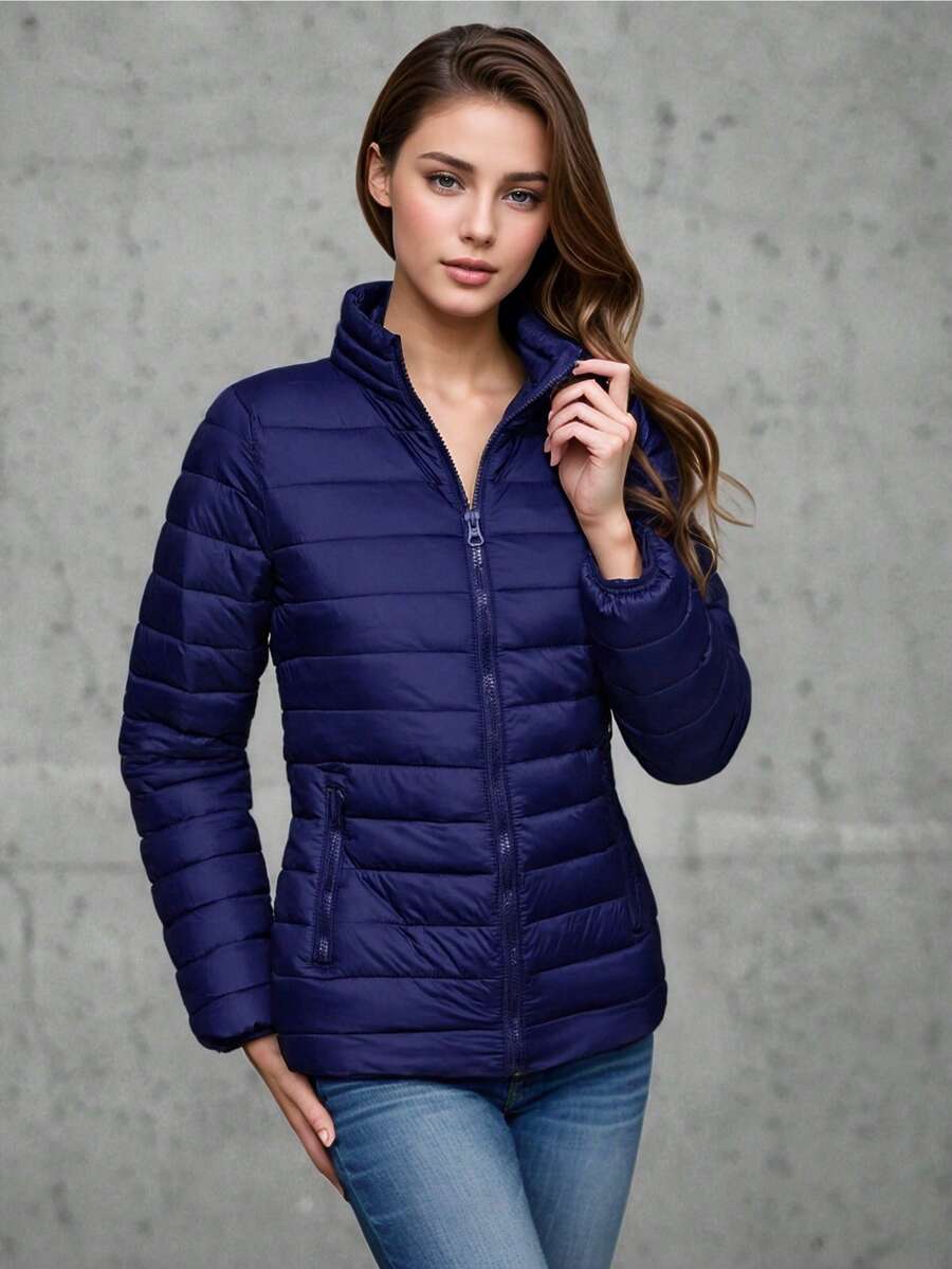 Áo khoác lông vũ nhẹ ấm có mũ trùm đầu cho nữ mùa thu đông thường ngày đa năng phong cách cổ điển - Xanh đậm - Xem 1