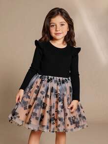 Anewsta Vestido casual minimalista de manga larga con cuello redondo y contraste de malla de unicolor para niña joven