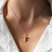 18K Gold Plated Copper Zirconia Studded Crown Cross Pendant Necklace, Elegant & Fashionable Copper Chain, Suitable For Daily Wear, A Great Valentine's Day Gift