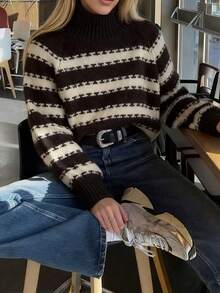 Gestreifter Strickpullover mit KontrastFarbblock, eleganter lässiger Streetstyle Rollkragenpullover für Damen mit Langarm, modischer Damen-Strickjacke mit Langarm, Herbst/Winter Material, Weiß/Rundhals Pullover/Langarm/Schulanfang/Einfarbig/Halloween/Schuloutfit//Basic/Süß/, Damen Schulanfang Mode, geeignet für Herbst/Winter Pendeln, Boho Damen Alltag Lässig, Strickpullover für den Herbst