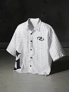 男士宽松字母格纹印花短袖梭织白衬衫，街头潮流必备，Emo 风格 - 白色 - 查看 1