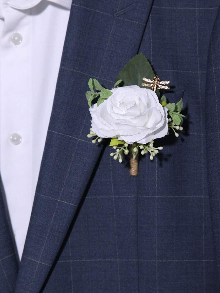 1pc Nature-Inspired Artificial Flower, Leaf & Fruit Decor Boutonniere, Suitable For Wedding, Party, Banquet Valentine's Day Accessories,Summer,Beach,Elegant,Birthday - White - View 1