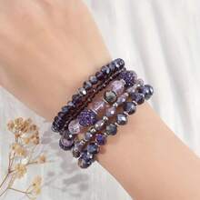 Fashion Bohemian Crystal Beaded Bracelet For Women, Stackable Glass Bead Elastic Bracelet - 夢幻紫色五件套 - 查看 4