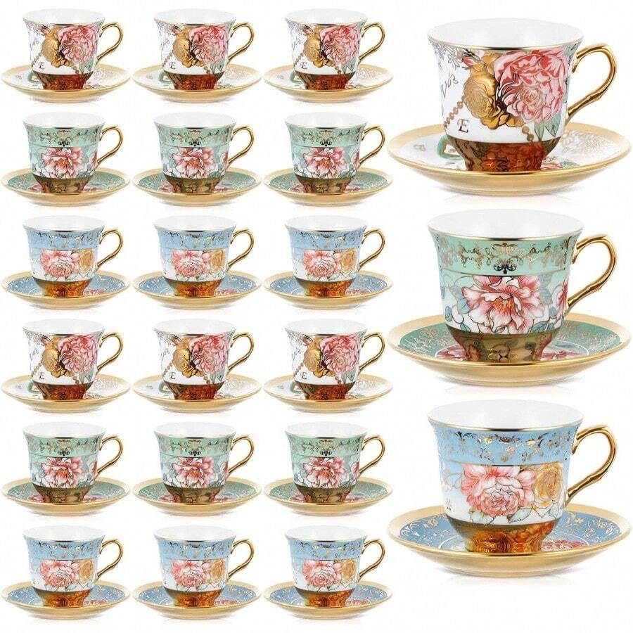 Set Of 12 Tea Cups And Saucers Tea Party Decorations Floral Porcelain 5.4 Oz British Women Birthday Party, And Mother's Day - 經典風格 + 18 - 查看 1