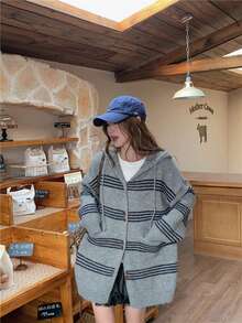 宽松休闲条纹连帽针织开衫 - 灰色 - 查看 4