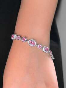 1pc Adjustable Size Sparkling Square & Round Pink Cubic Zirconia Chunky Luxury Chain Bracelet For Women, Daily, Party, Holiday Jewelry Gift