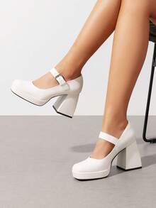 Women's Chunky Platform Heel Pumps - Square Toe Strappy Block Heels For Wedding Festival Prom & Party - White - View 2