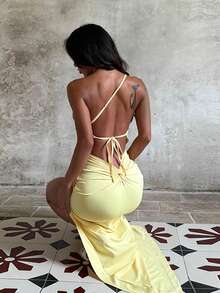 1pc Solid Color Elegant Party Knit Asymmetric/Asymmetrical High Slit Ruffled Hem Dress, Suitable For Wedding, All Seasons