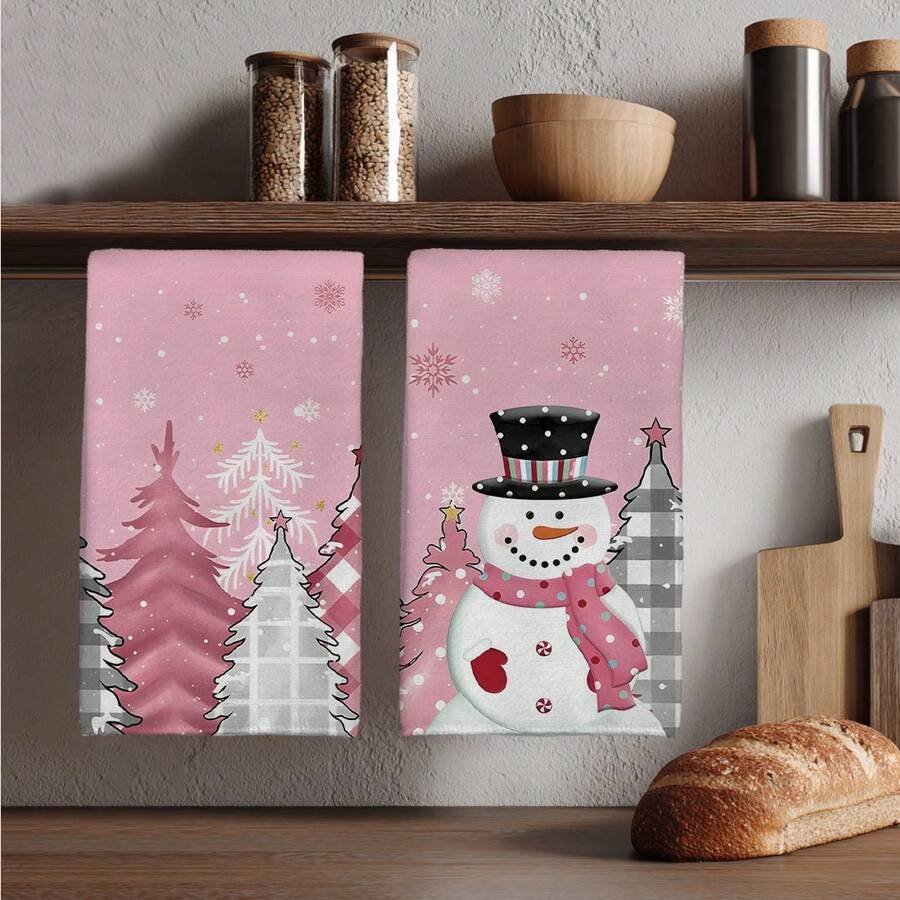 MEMNUN 2pcs Christmas Pink Plaid Forest Christmas Tree & Snowman Printed Kitchen Towels, 15.75*23.62in (40*60cm) Super Soft Absorbent Microfiber Dish Towels, Hand Towels, Dish Cloths, Christmas Decor, Home Decor, Kitchen Decor, Cooking Baking Tea Towels, Cleaning Supplies, Suitable For Restaurant Kitchen, Christmas Holiday Decoration And Gifts, All Season