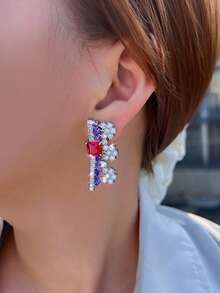 1 Pair Symmetrical Purple And Rose Red Cubic Zirconia Luxury Gorgeous Dangle Drop Long Pageant Earrings For Women Festival Jewelry