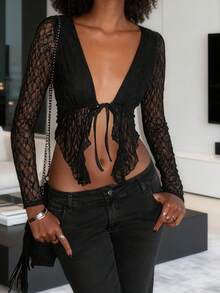 Women's Tie Front Lace Tops Fashionable Solid Color Slim Fit Long Sleeve Crop Shirt - Negro - Ver 5