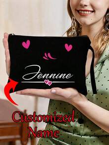 1pc Customizable Heart Pattern Makeup Bag With Personalized Name, Storage Pouch, Charming New Year Gift - Black - View 9
