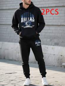 (2PC)Men's Casual Printed Hoodie And Sweatpants Set, Autumn And Winter Men's Sportswear, Men's Fashion  Sportswear Printed DALLAS FOOTBALL - Black - View 1