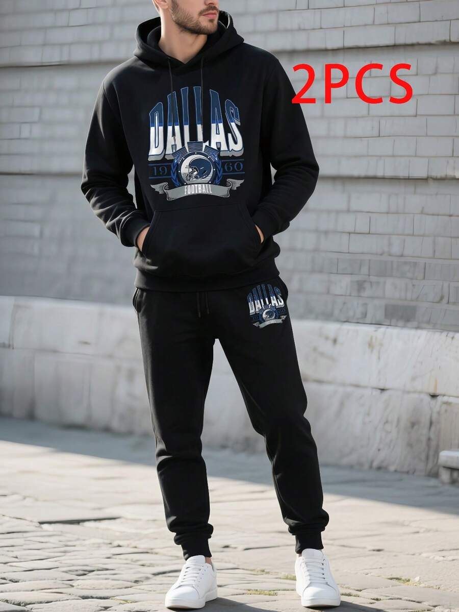 (2PC)Men's Casual Printed Hoodie And Sweatpants Set, Autumn And Winter Men's Sportswear, Men's Fashion  Sportswear Printed DALLAS FOOTBALL - Black - View 1