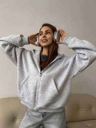 Solid Color Zip-Up Hooded Casual Thick Jacket, Autumn/Winter