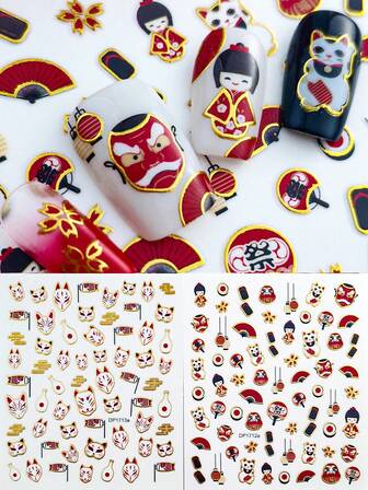 Tiebeauty 2张自粘DIY指甲贴：日式风格包含日本元素，例如狐狸面具，达摩娃娃和传统饰品，非常适合女孩们进行DIY美甲创作。