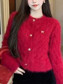 女士时尚短款保暖蝴蝶结多功能圆领长袖毛衣开衫针织外套秋冬街头潮流 - 紅色 - 查看 6