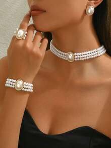 1 Set Barock Perlen Metall Anhänger Y-Kette Set, Vintage einzigartiger Metallstil, hochwertiges Halskette, Armband, Ring - Vintage, elegante flache Perlenkette, geeignet für Hochzeit, Party, Alltag, Urlaubsgeschenk für Frauen