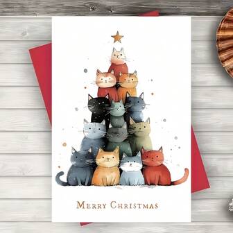 1pc Merry Christmas Cat Illustration Greeting Card - Festive Feline Design With Star & Snowflakes, High-Quality Holiday Card For Cat Lovers, Pet Owners, Family & Friends - Ideal For Anyone, Festive Holiday Card|Playful Cat Design|Detailed Illustration, Cat Lover Gifts