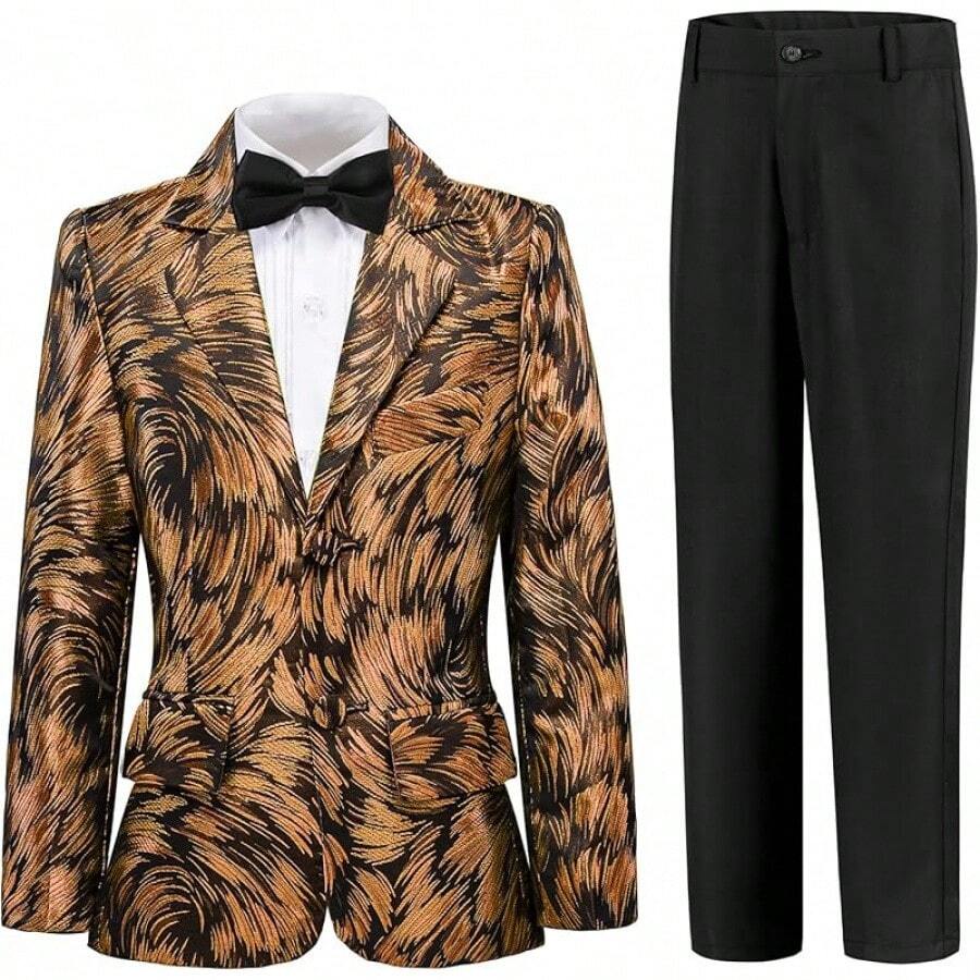 Teen Boy Jacquard Tuxedo 3 Piece Suit Set - Bow Tie Included For Wedding Prom - Emas - View 1
