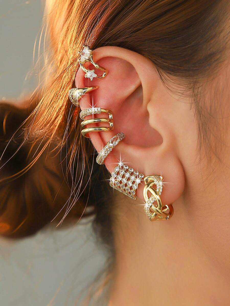 2pcs/Set! Chic Luxury Style Gold-Tone Rhinestone Multi-Element Clip-On Earrings, Suitable For Girls Daily, Party, Stacking, Gifting, Vacation, Banquet Wear