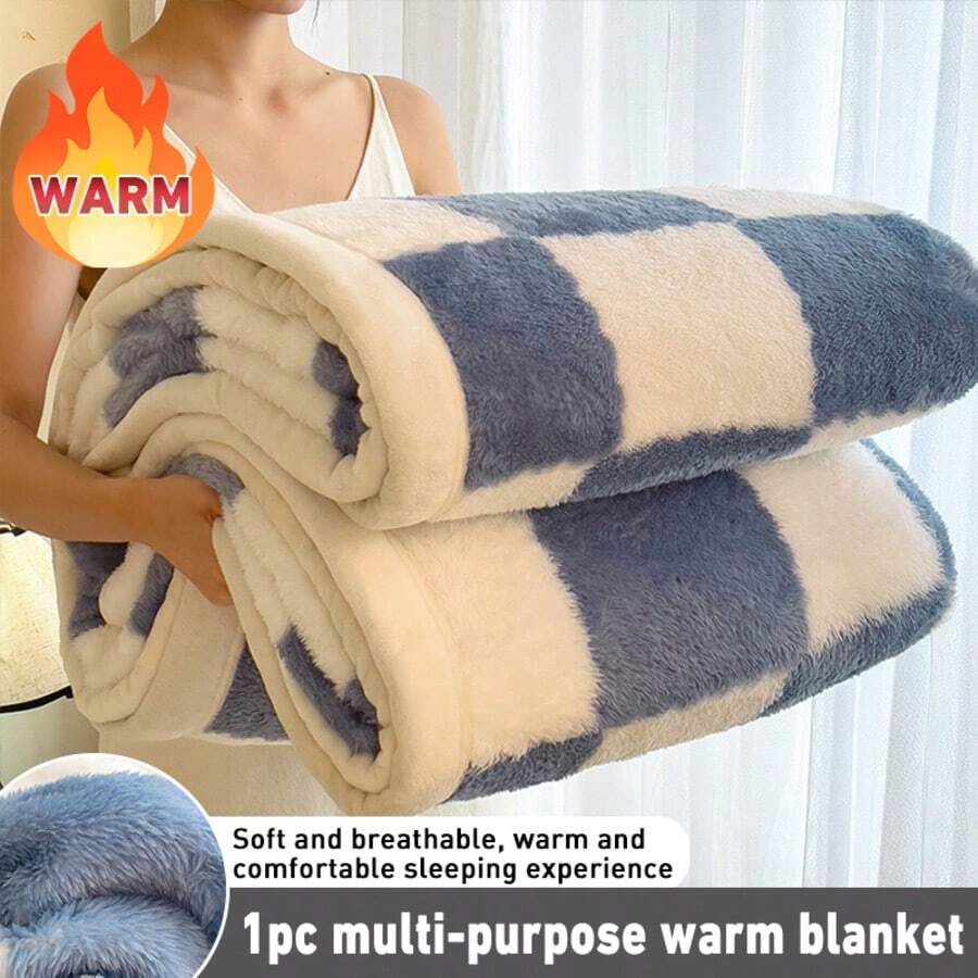 1 件格纹毯，温暖厚实，适合家庭、办公室、汽车，蓬松柔软，亲肤，四季使用，沙发盖，室内/室外，客厅，卧室，男女通用