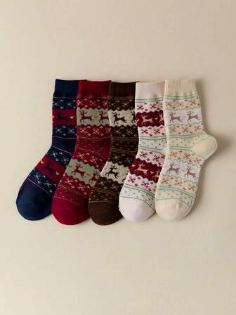 5 Pairs Women's Autumn/Winter Thick Fleece Lined Socks, Soft & Comfortable, Versatile, Christmas Reindeer Pattern, Best Wool Socks For Autumn/Winter Holidays & Daily Wear, Cozy